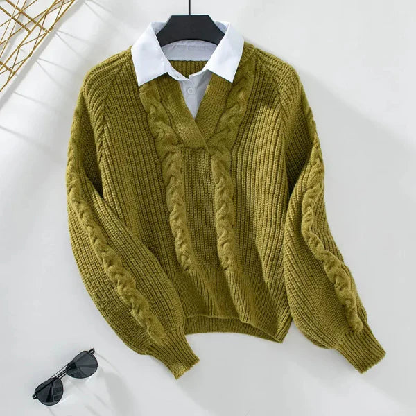 Layered Collar Cropped Cable Knit Sweater