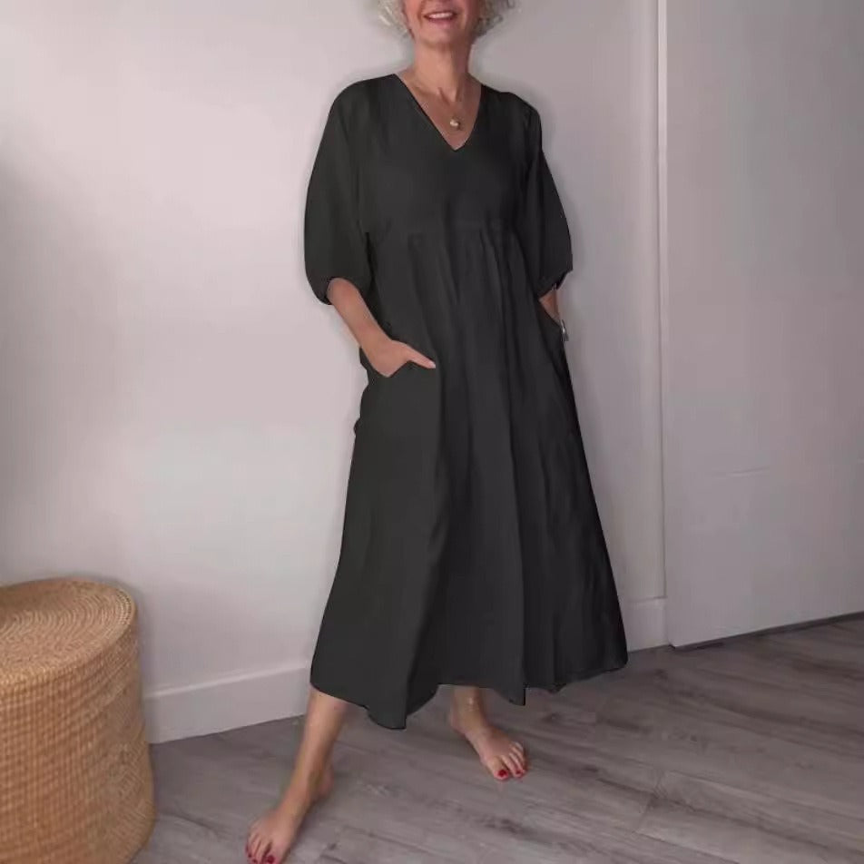 Relaxed Cotton Linen Deep V-Neck Midi Dress