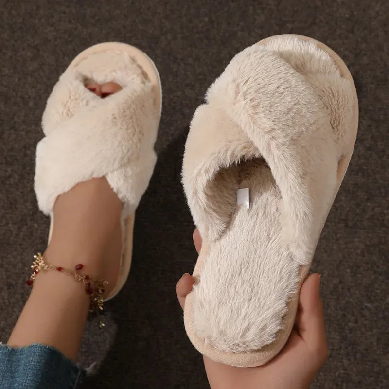 Plush Crisscross Open Toe Slippers