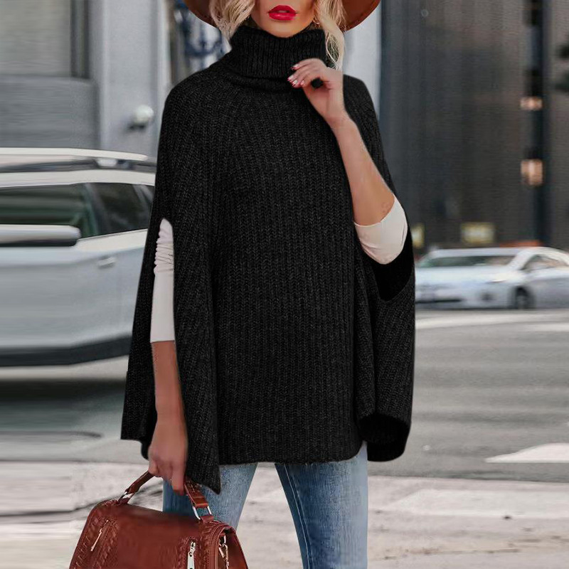 High Neck Wool Blend Knit Cape