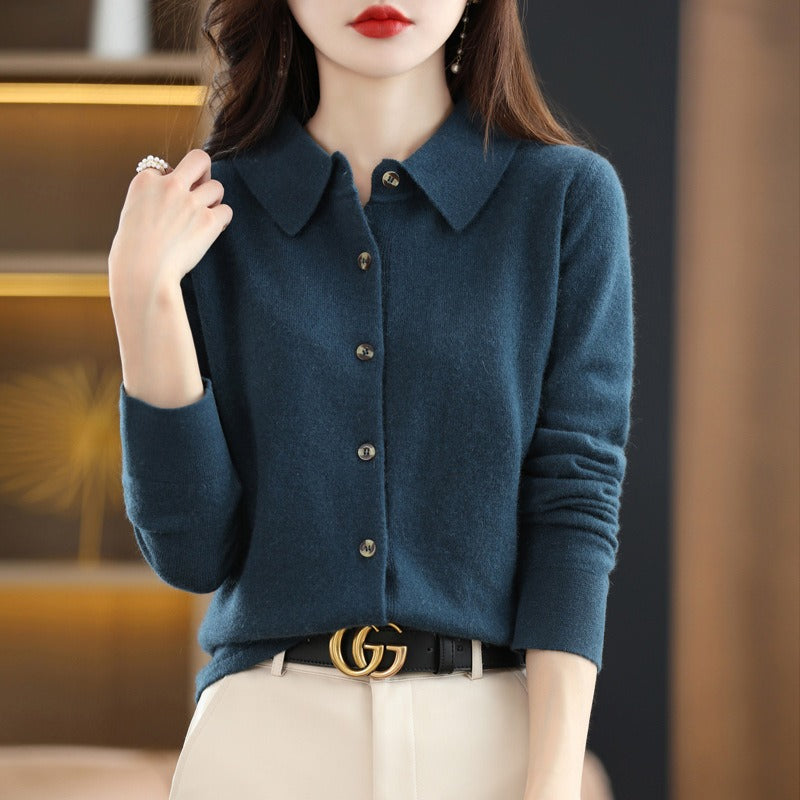 Wool Blend Polo Collar Cardigan Sweater