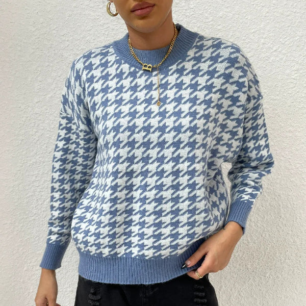 Wool Blend Houndstooth Relaxed Fit Pullover Sweater