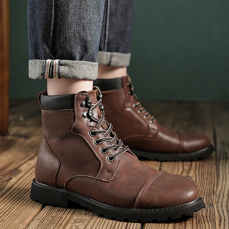 Reinforced Toe Padded Collar Leather Lace-Up Boots