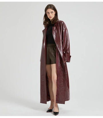Glossy Vegan Leather Slim Belted Trench Coat