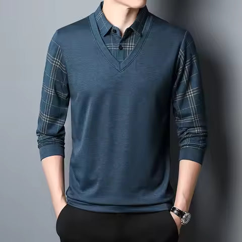 Plaid Sleeve Faux Layered Pullover Sweatshirt