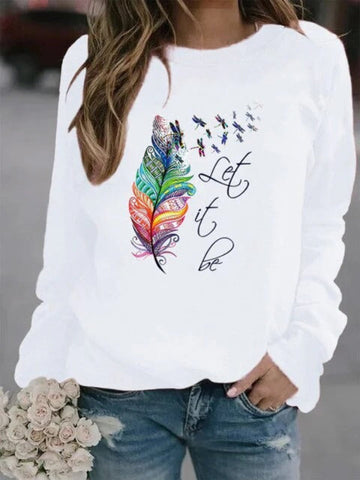 Feather Print Relaxed Long Sleeve Pullover