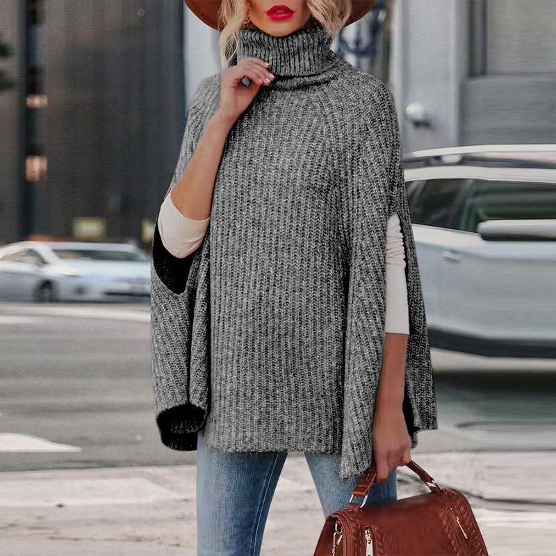 High Neck Wool Blend Knit Cape