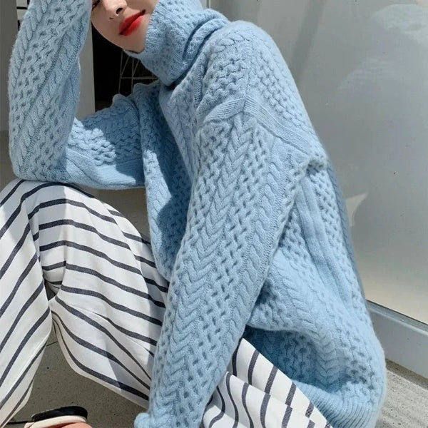 Wool Cable Knit Turtleneck Pullover Sweater