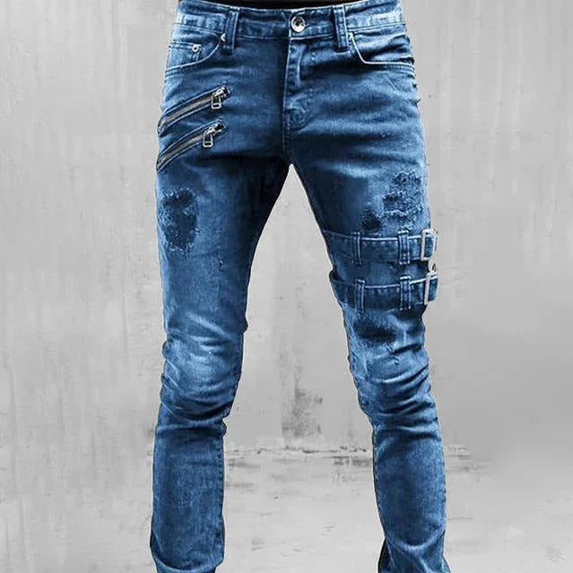 Gothic Buckle Distressed Slim Fit Jeans