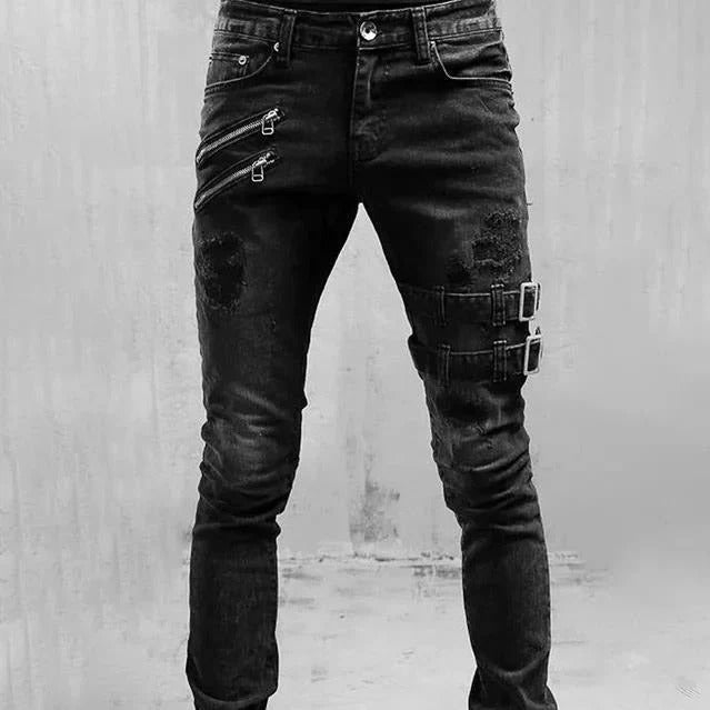 Gothic Buckle Distressed Slim Fit Jeans
