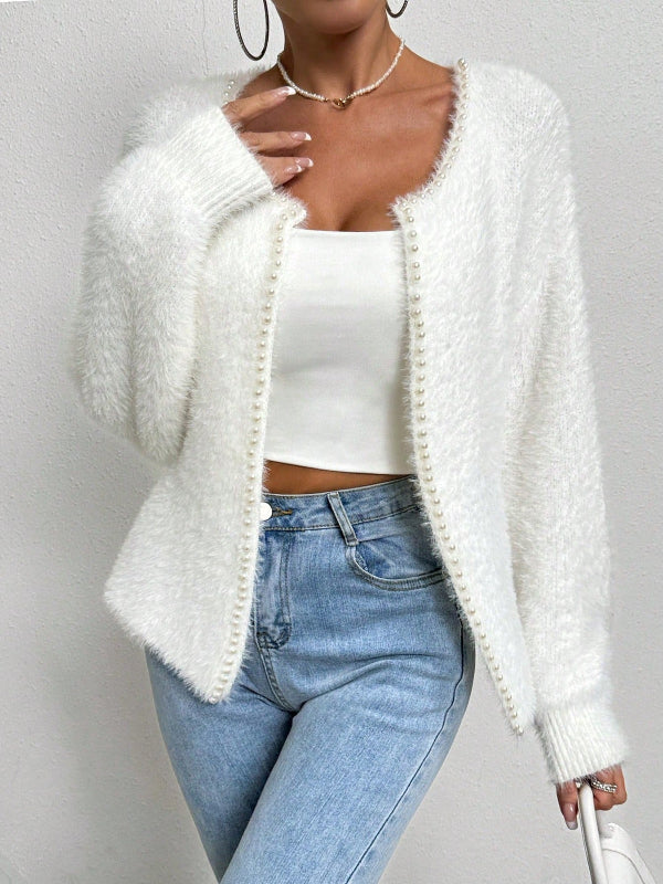 Pearl Trim Soft Knit V-Neck Cardigan