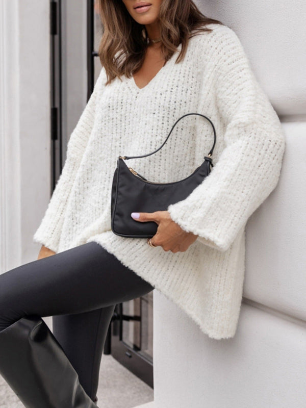 Ribbed V-Neck Bell Sleeve Sweater