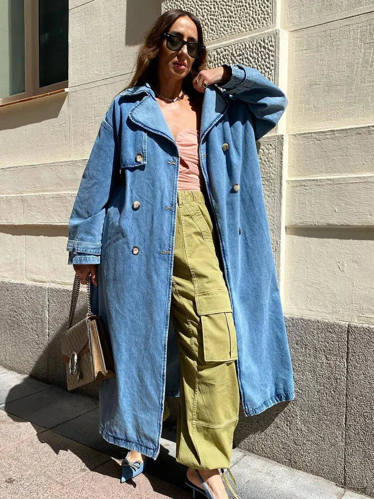 Oversized Denim Look Double-Breasted Trench Coat
