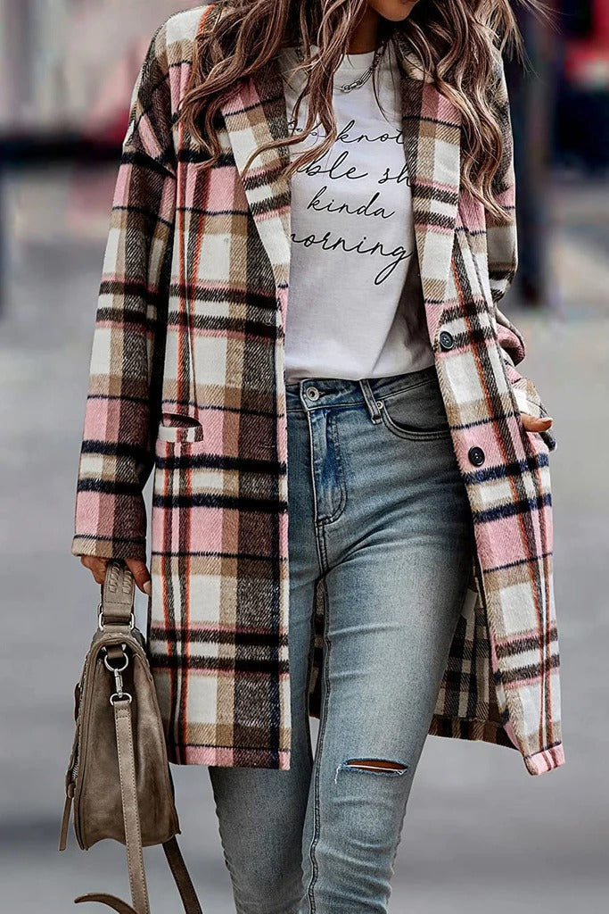 Oversized Plaid Notched Lapel Wool Coat