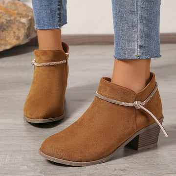 Adjustable Suede Chunky Heel Ankle Boots