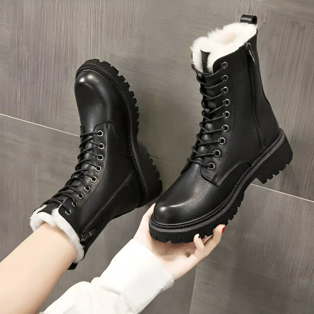 Lace-Up Leather Rugged Sole Ankle Boots