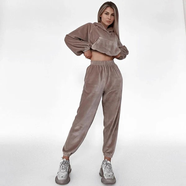 Velour Cropped Wide-Leg Loungewear Set