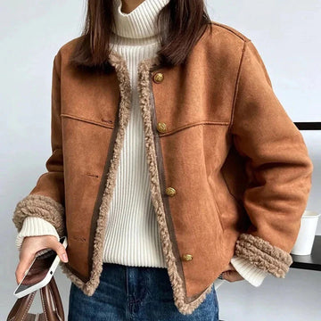 Faux Suede Shearling Trim Relaxed Fit Coat