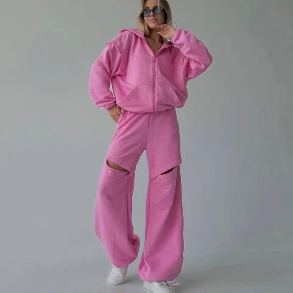 Hooded Wide-Leg Cut-Out Two-Piece Loungewear Set