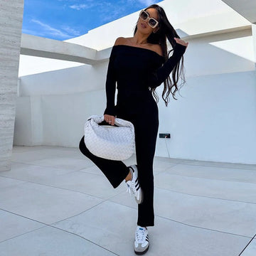 Off-Shoulder Slim Fit Flared Leg Jumpsuit