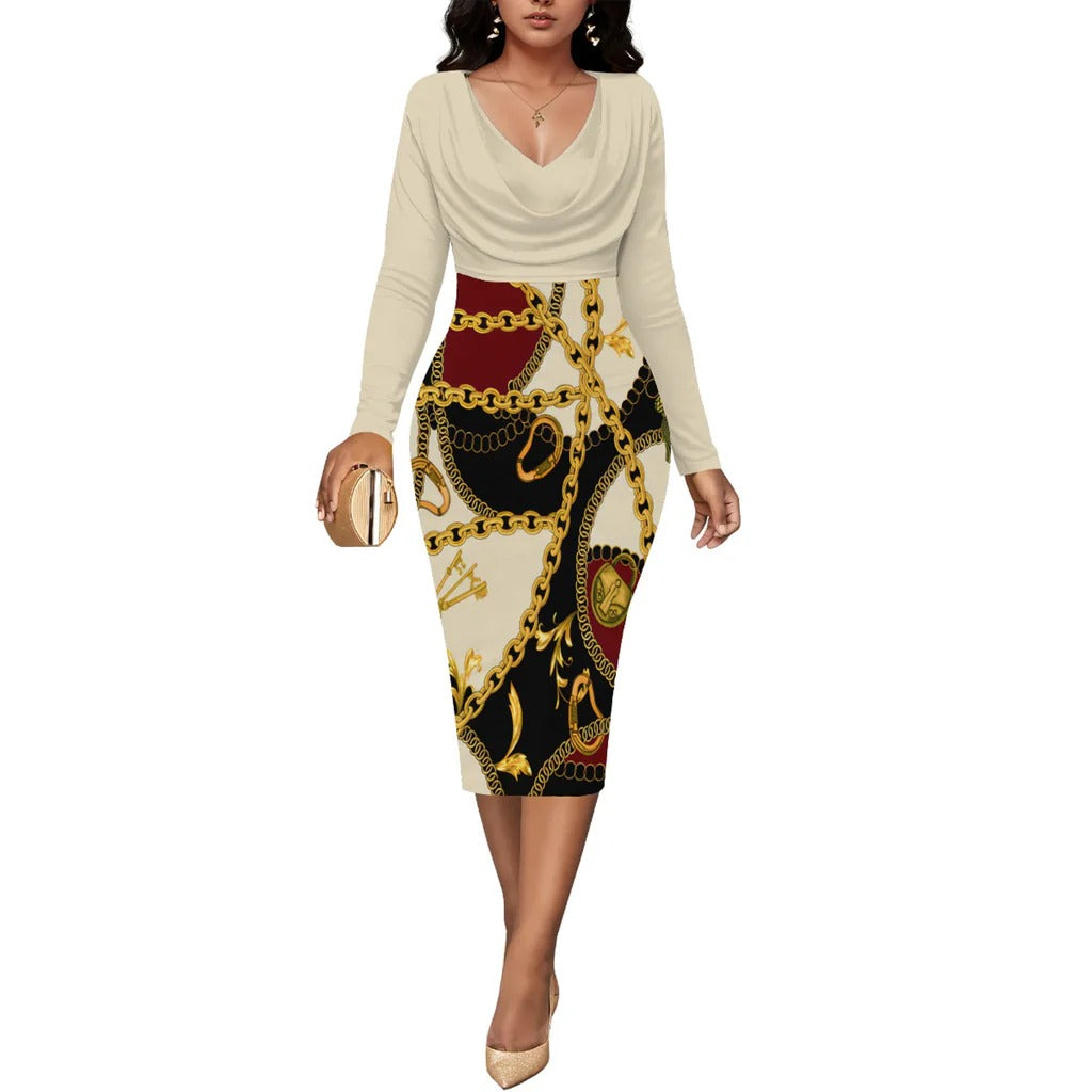 Chain Print Fitted Wrap Midi Dress