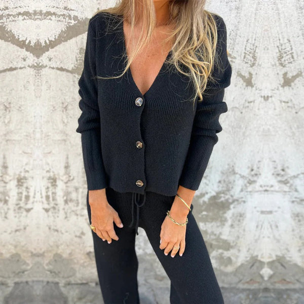 Button Front Drawstring Knit Loungewear Set