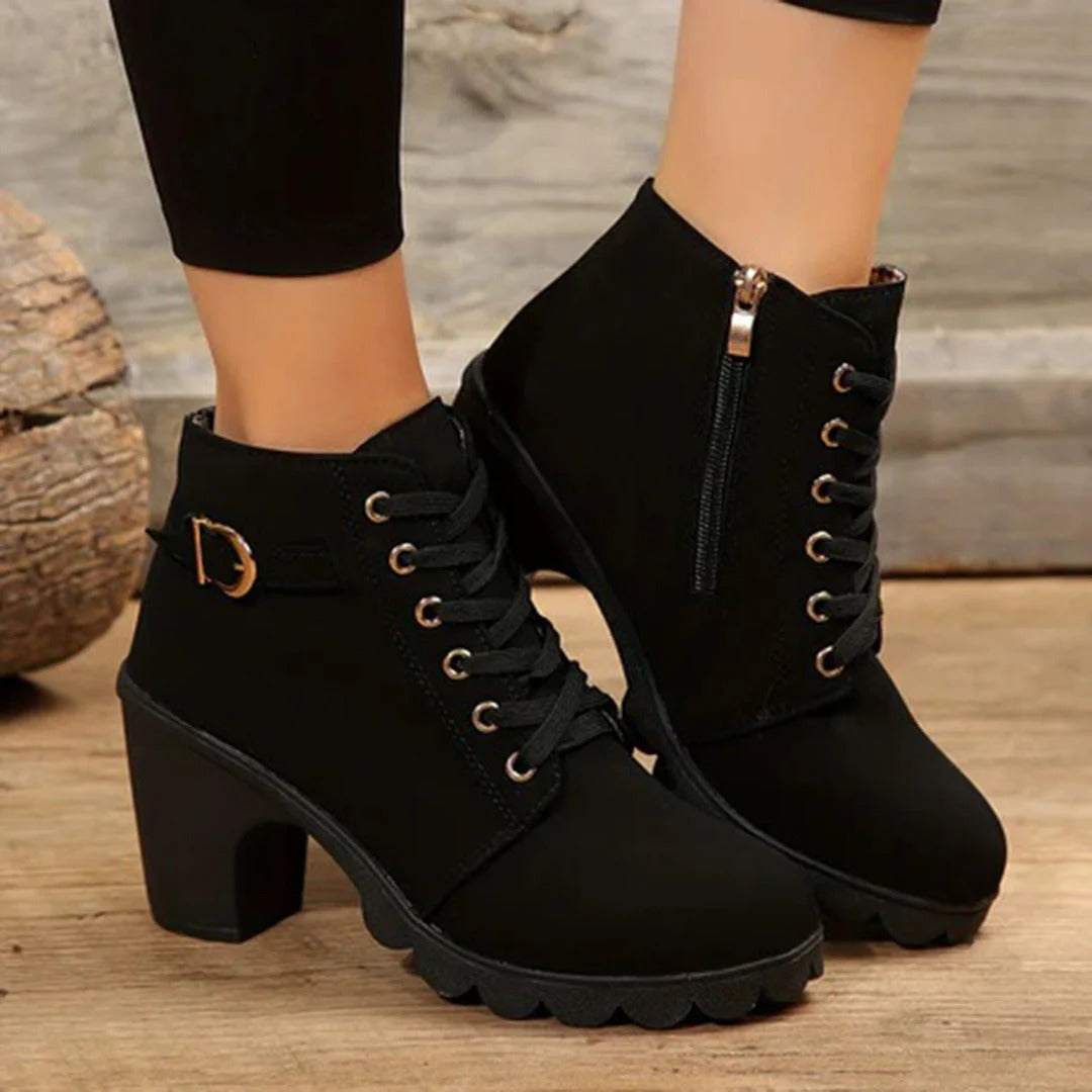 Chunky Sole Block Heel Lace-Up Ankle Boots