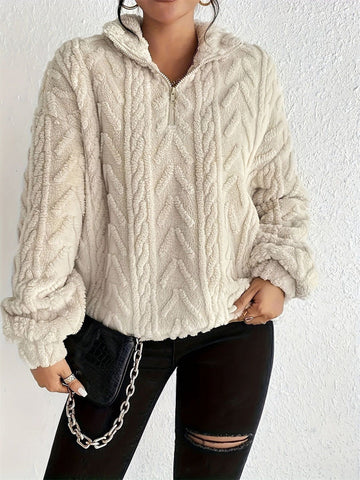 Faux Shearling Half Zip Cable Knit Pullover Top