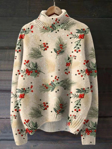 Botanical Print Wool Knit Turtleneck Sweater