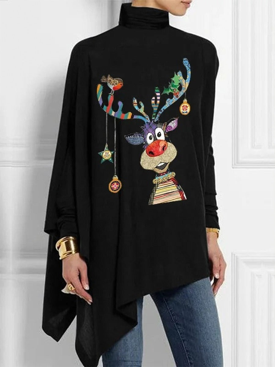 Reindeer Print Asymmetrical Hem Turtleneck Top