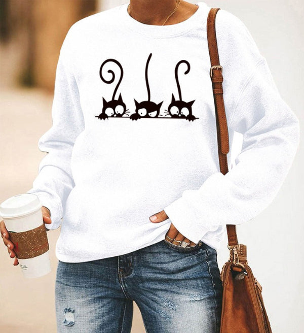 Oversized Cat Print Crewneck Sweatshirt