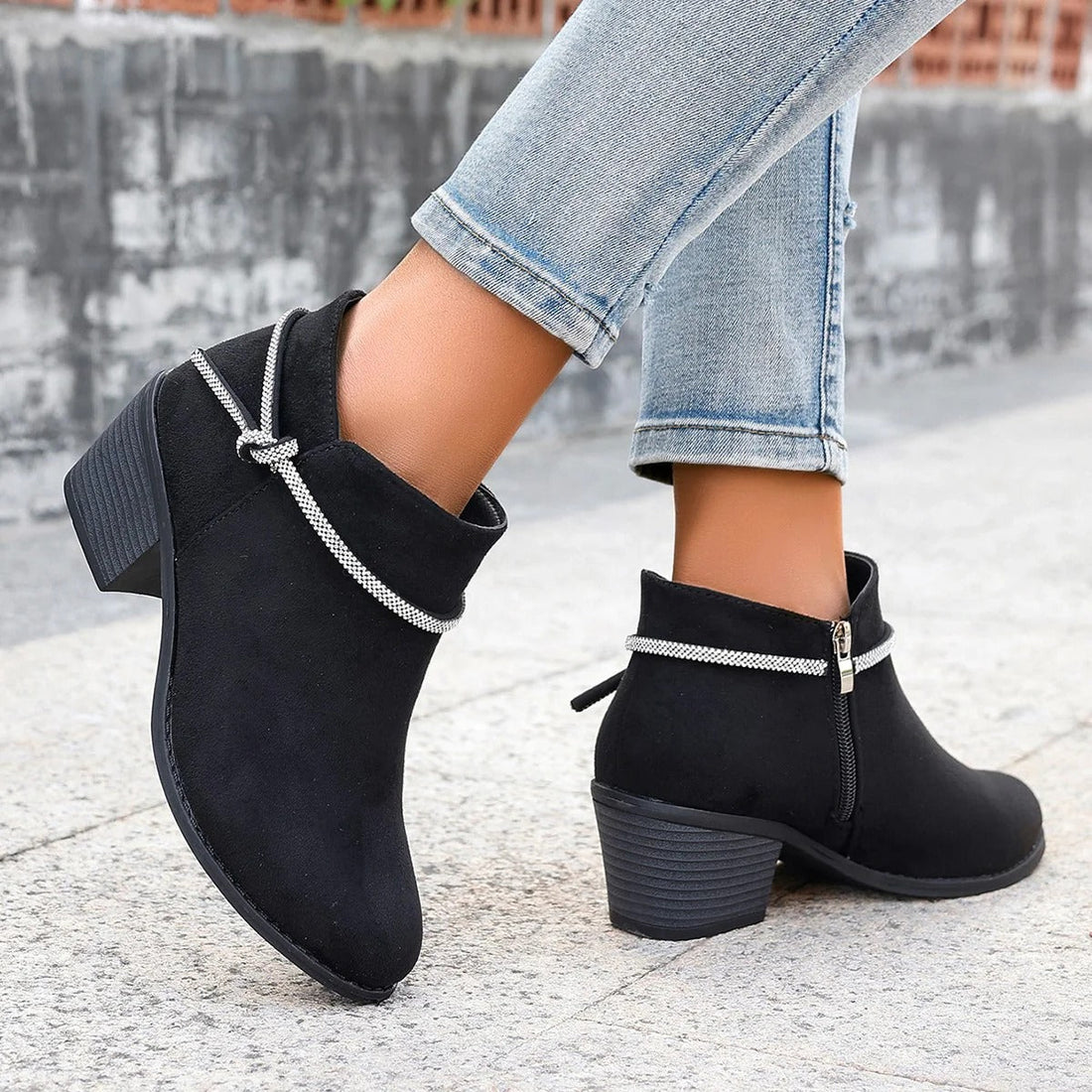 Adjustable Suede Chunky Heel Ankle Boots