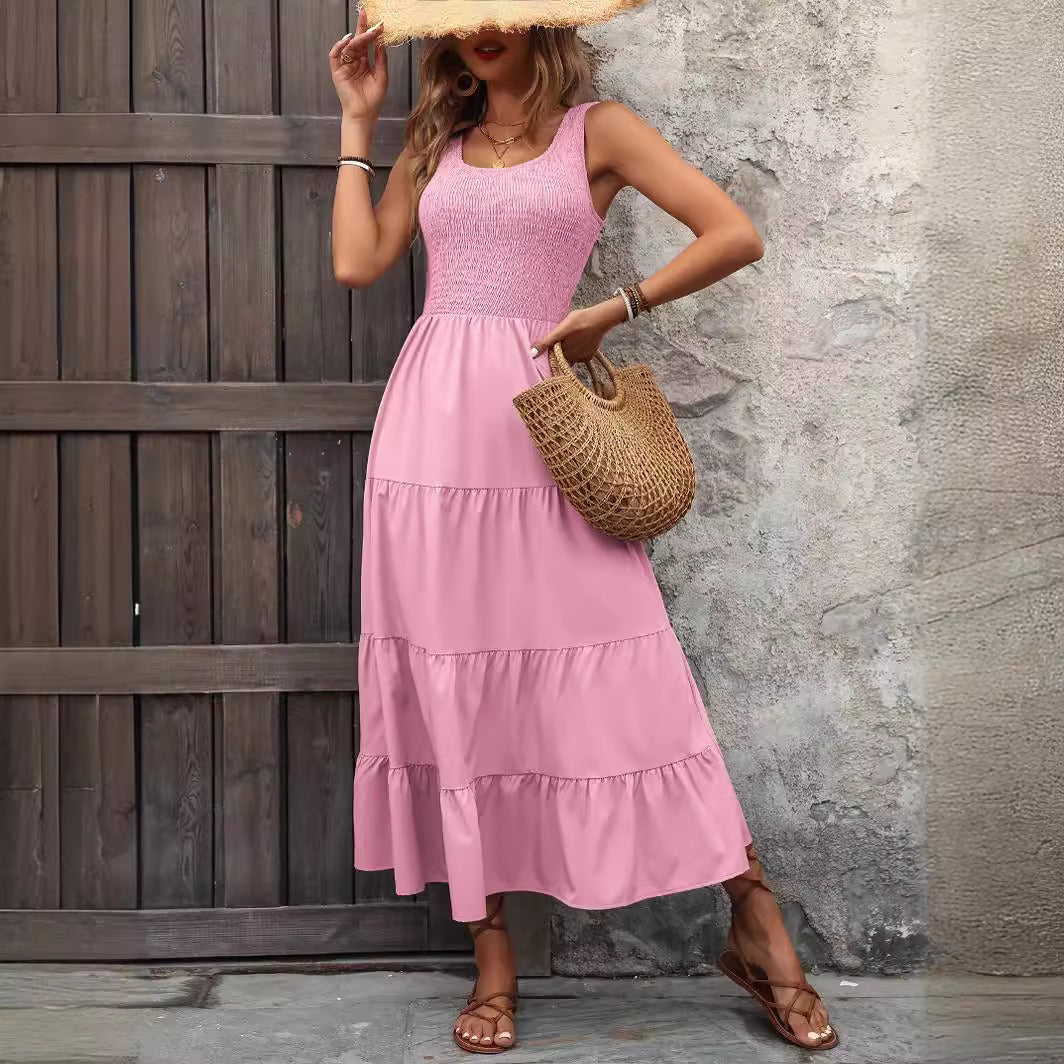 Smocked Bodice Tiered Pleated Midi Dress