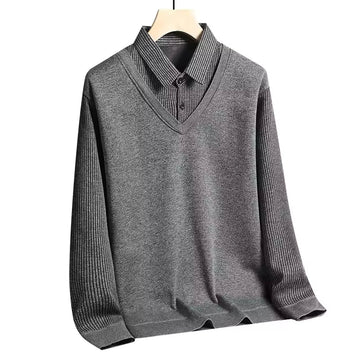 Knit V-Neck Layered Look Polo Sweatshirt