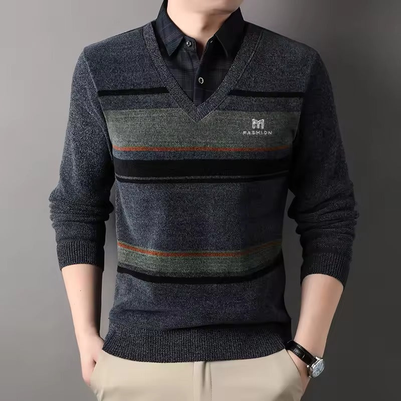 Striped Knit Fleece Blend Pullover Sweater