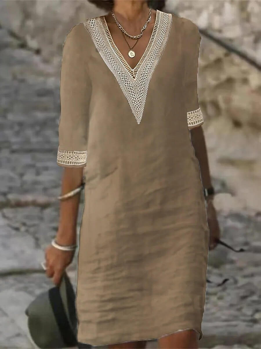 V-Neck Lace Edge Relaxed Fit Dress