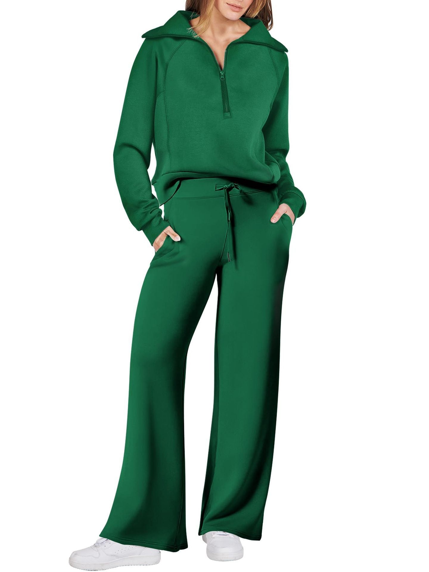Women's Jogging Set - Relaxed Fit - Half-Zip Sweatshirt & Wide Pants - Soft Comfort