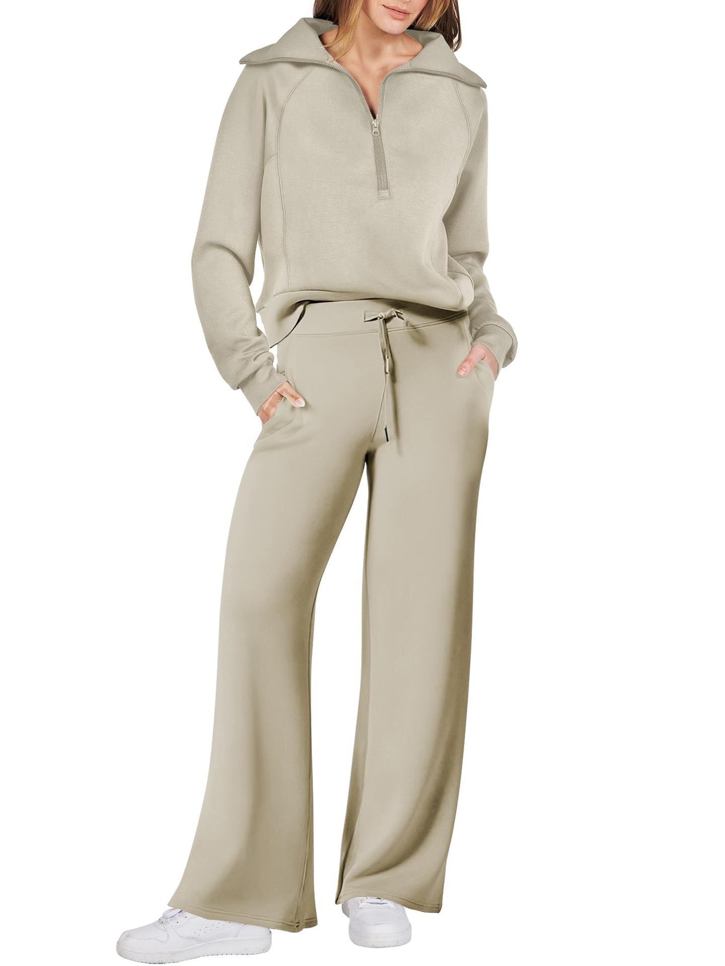 Women's Jogging Set - Relaxed Fit - Half-Zip Sweatshirt & Wide Pants - Soft Comfort