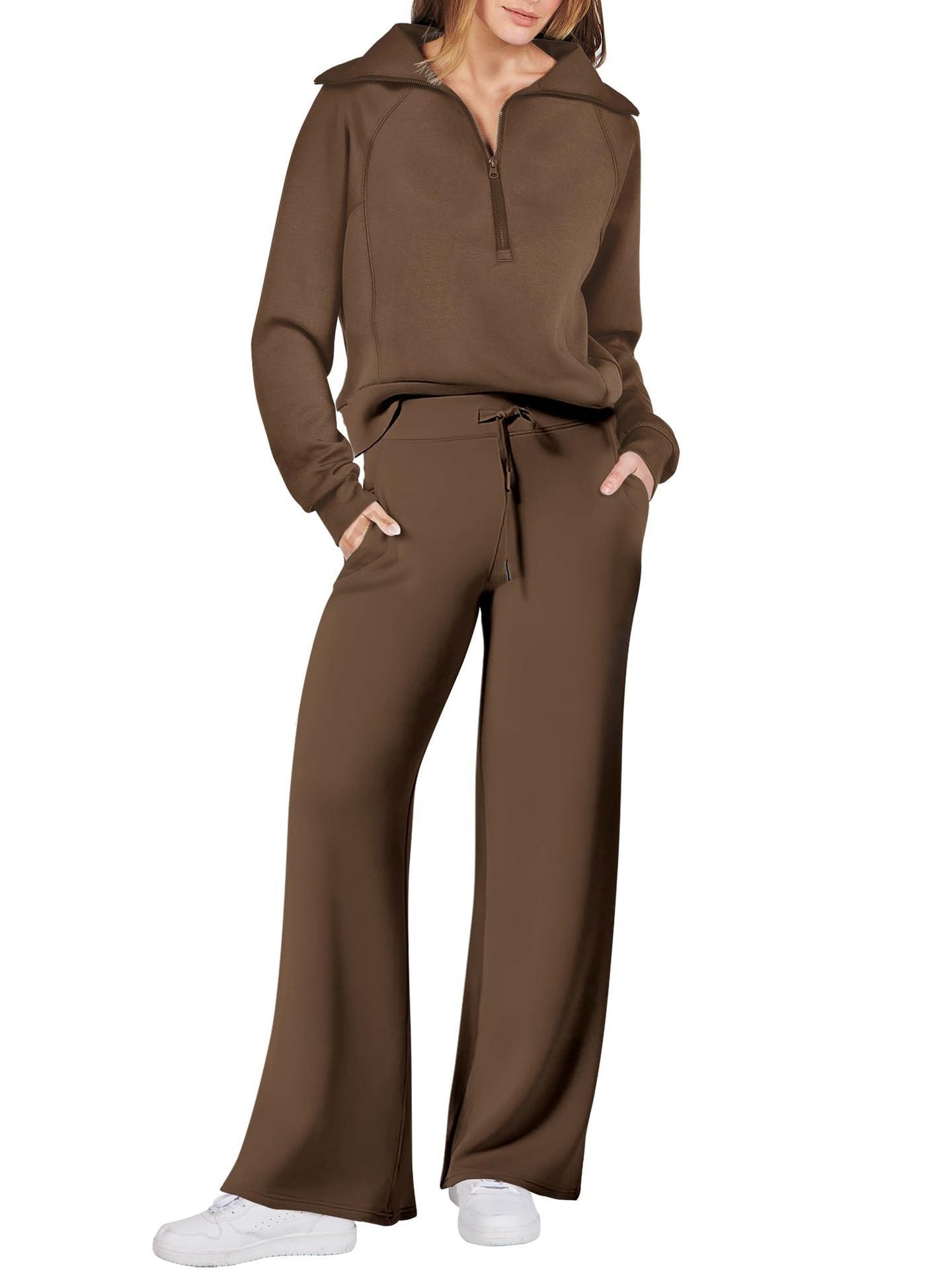 Women's Jogging Set - Relaxed Fit - Half-Zip Sweatshirt & Wide Pants - Soft Comfort