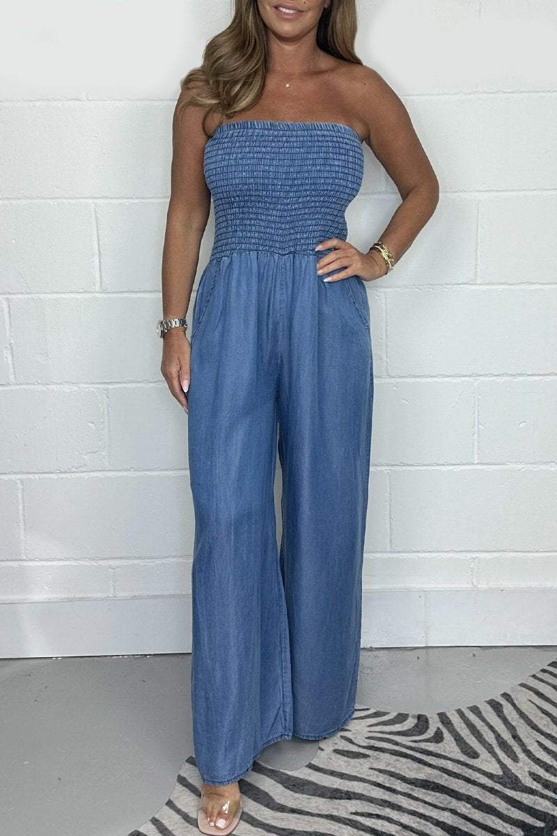 Strapless Smock Top Wide Leg Jumpsuit