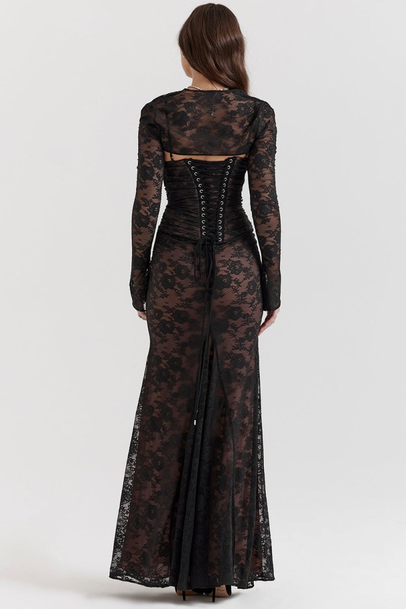 Women's Lace Dress - Elegant Corset-Design - Long-Sleeved - Fitted Evening Dress