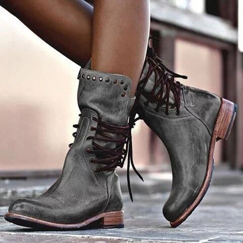 Leather Studded Lace-Up Mid-Height Boots