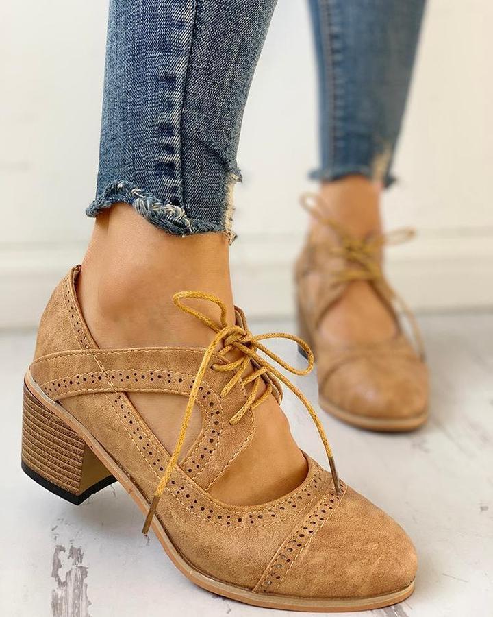 Lace-up Suede Oxford Block Heel Shoes