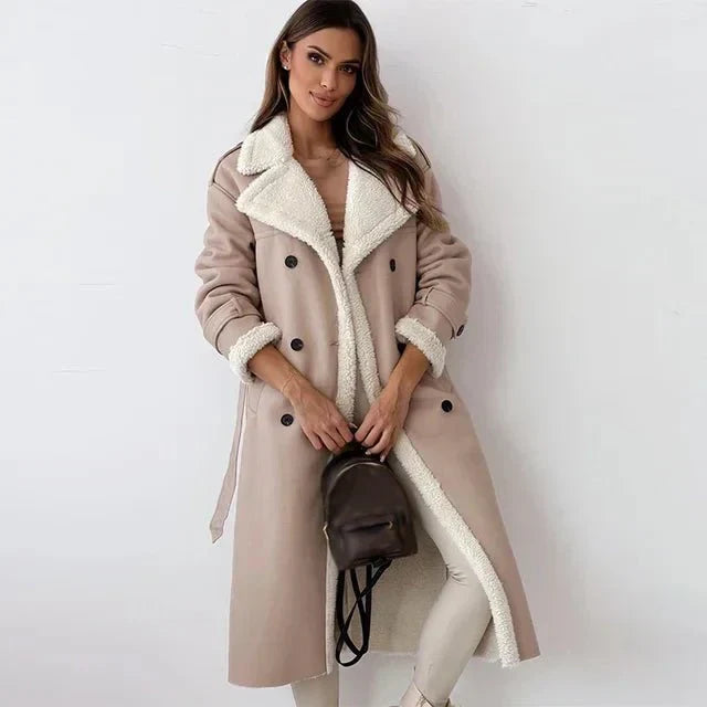 Women's Long Shearling Leather Coat – Relaxed Fit – Double Breasted – Wide Lapels