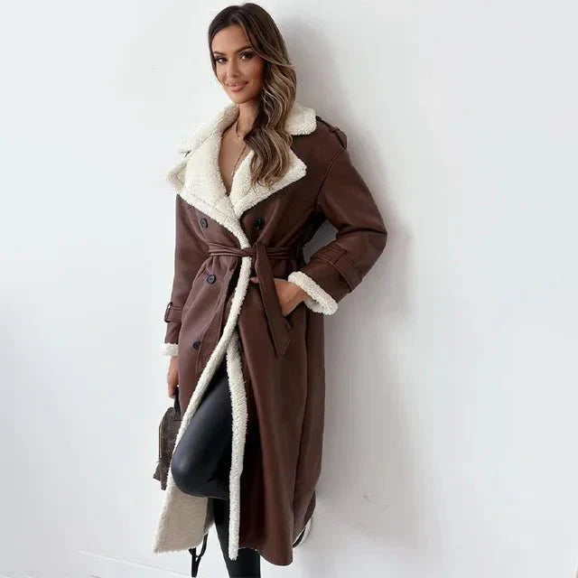 Women's Long Shearling Leather Coat – Relaxed Fit – Double Breasted – Wide Lapels