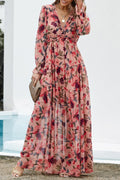 Women's Maxi Dress - Floral Print - V-neck with Ruffles - Long Sleeves - Fitted Waist