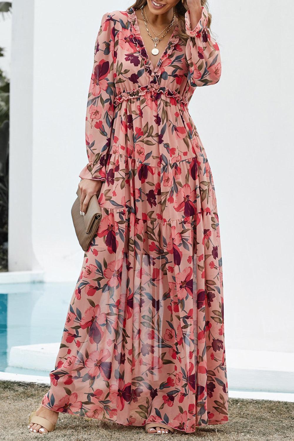 Women's Maxi Dress - Floral Print - V-neck with Ruffles - Long Sleeves - Fitted Waist