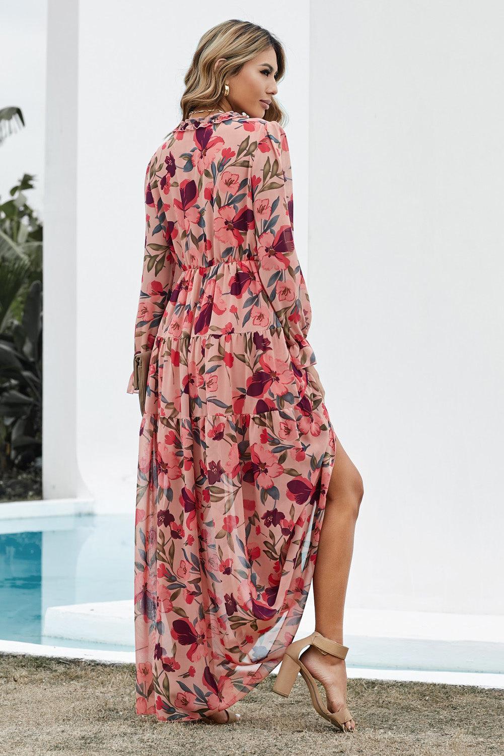 Floral Print Ruffled V-Neck Maxi Dress