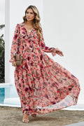Women's Maxi Dress - Floral Print - V-neck with Ruffles - Long Sleeves - Fitted Waist