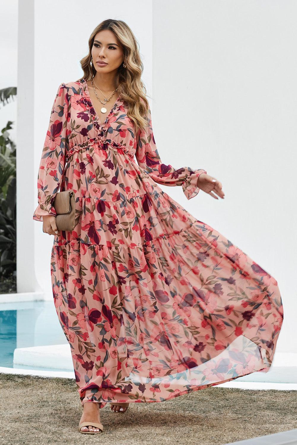 Women's Maxi Dress - Floral Print - V-neck with Ruffles - Long Sleeves - Fitted Waist